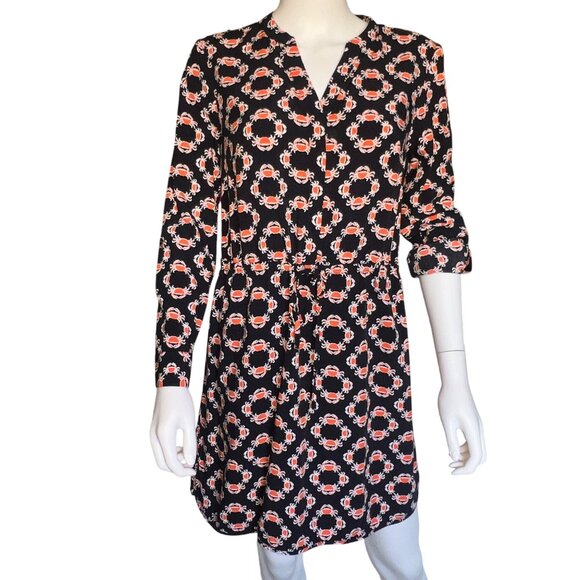 Crown & Ivy Navy & Orange Crab Print Long Sleeve Tunic Dress w/ Tie Waist Sz 8P - Picture 1 of 14